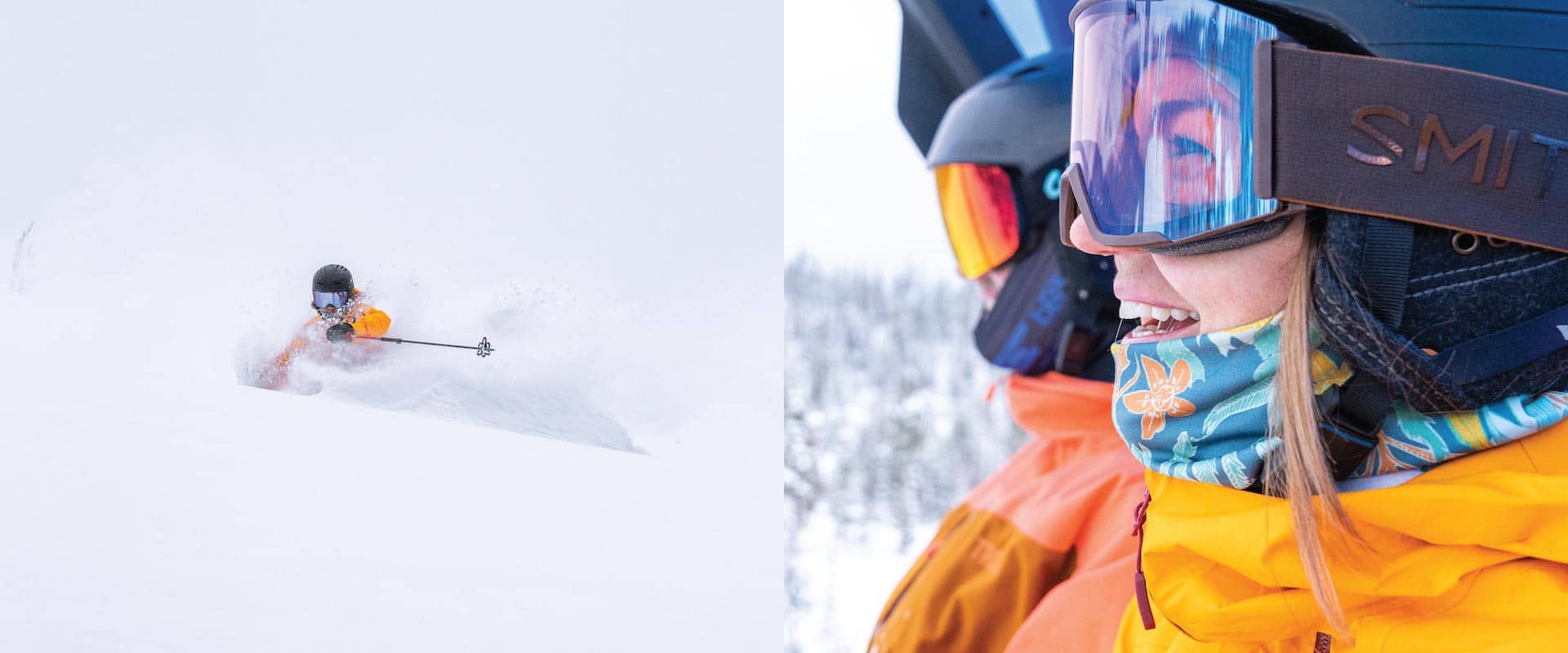 Side-by-side images of a skier and a woman smiling on a chairlift