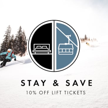 Image of skiers with an icon with text: "Stay & Save | 10% off lift tickets"