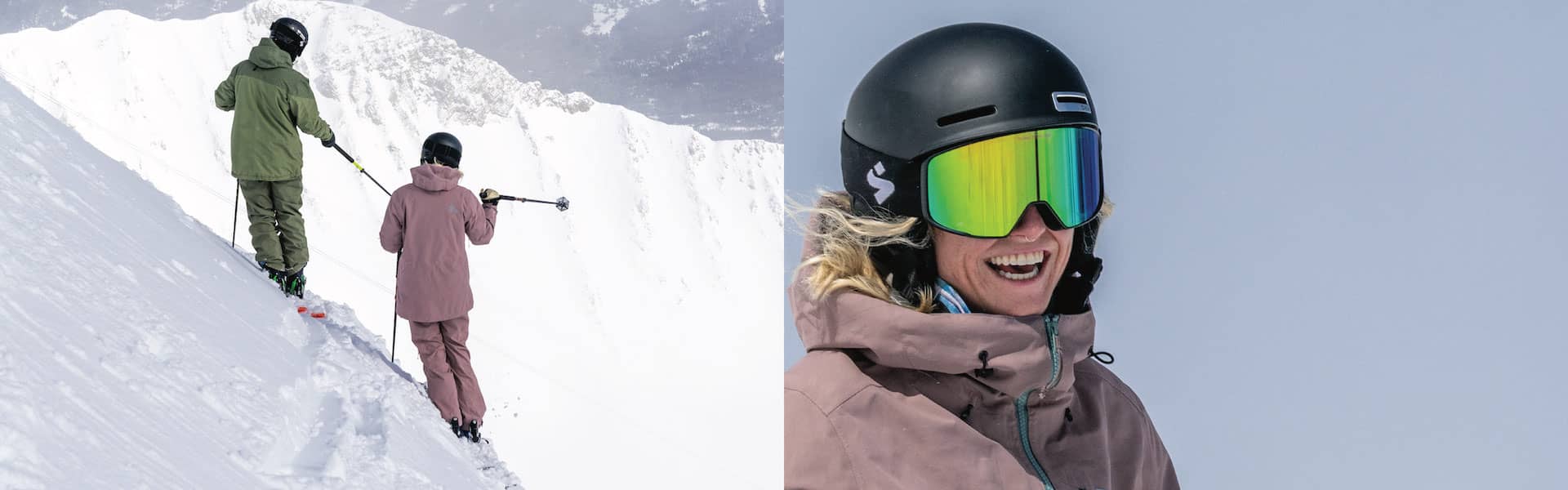 Side by side images of two skiers pointing at an object in the distance and one of the skiers in powder