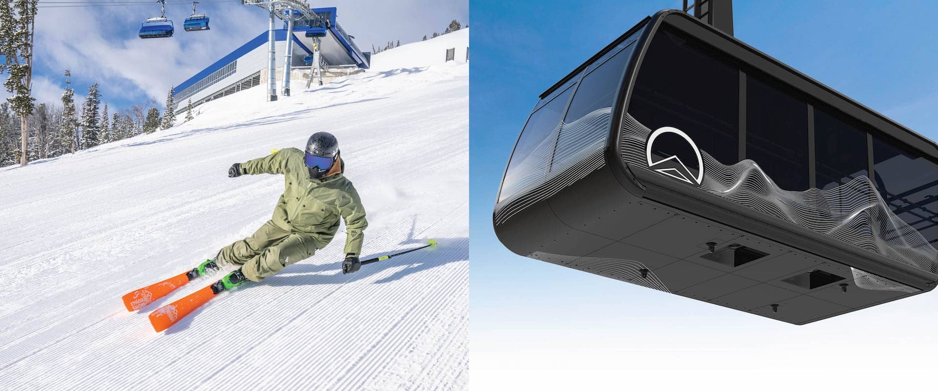 Side-by-side image of a skier and the new Lone Peak Tram cabin